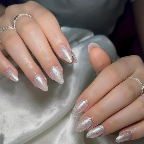 KQueenest Cat Eye Press on Nails Short Almond, Glazed Glitter White False Nails Short Stiletto, Shiny Bling Acrylic Fake Nails Set Sparkly Stick on Nail for Women Wedding Finger Decoration 30 Pcs