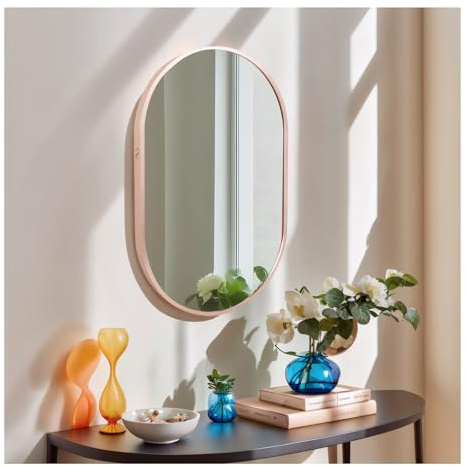 NCEDN Specchio da parete ovale, 55,7 x 35,6 cm, con catena o gancio per appenderlo, leggero, cornice in alluminio antiruggine, per bagno, camera da letto, soggiorno, oro rosa