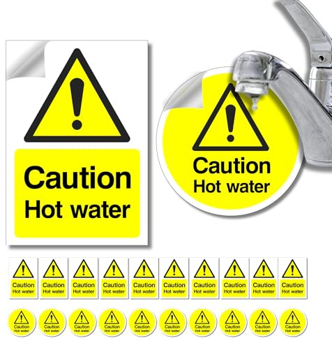 Caution Hot Water Safety Signs, Comprehensive kit, Self Adhesive Vinyl 20Pcs, Health & Safety Compliant, Waterproof -Oil proof,Caution hot water stickers, Two Designs, Industrial, Schools, Hospitals