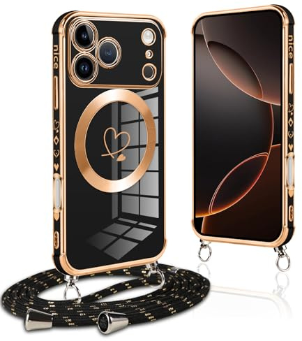 Pnakqil Handyband für iPhone 17 Pro Hülle mit Band, Kompatibel mit MagSafe, Handyhülle Ultra Dünn Silikon Magnetisch mit Herz Love Muster Schutzhülle mit um Umhängen Kordel, Stoßfest, Schwarz