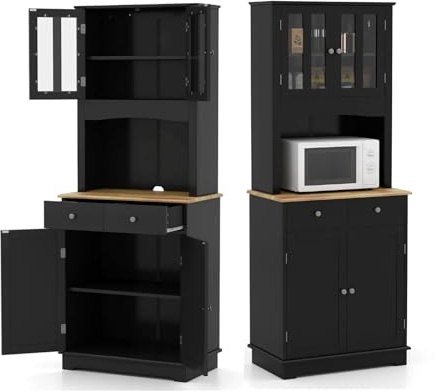 KOMFOTTEU Buffetschrank Hochschrank Holz, Vitrinenschrank Küchenschrank mit Arbeitsplatte,2 Schubladen & verstellbaren Regalen, Aufbewahrungsschrank Vorratsschrank 68,5x40,5x170cm (Schwarz)