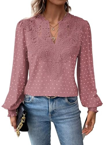 TUUHAW Tee Shirt Femme Bohème Col en V Top Manches Longues Blouse Élégant | Automne Chemise, Plissé Lâche, Dentelle Tunique, Fluide à Point Suisse T-Shirts, Volants Décontracté Blouses, Loose Hauts