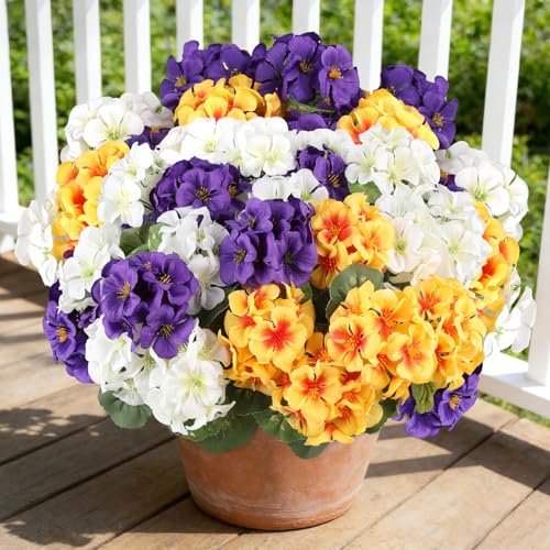 6 Bundles Artificial Geranium Flowers for Outdoors Spring Decor Geraniums Silk Flowers UV Resistant Lifelike Faux Flowers for Outdoor Garden Patio Porch Balcony Home Decor(Purple 2,White 2,Yellow2)