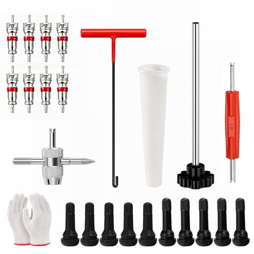 Blomise 24-TLG. Autoreifen Reparaturset mit Ventilschlüssel, Ventilausdreher, Handschuhen & Reifenventil Werkzeug Set, Reifen Reparaturset KFZ, Reifenflickzeug Auto für PKW, LKW & Motorrad