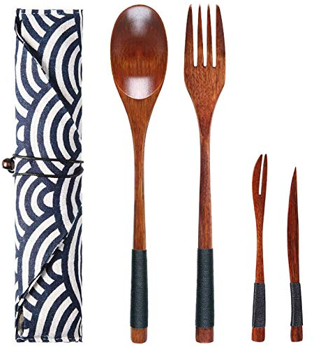 Couverts bois, ensemble de coutellerie réutilisable en bois Ensemble de vaisselle de style japonais de vaisselle de style japonais pour le camping de voyage Bento repas fourchette cuillère- 4 Pcs