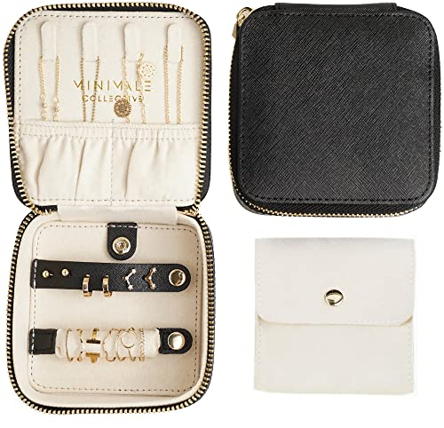 Minimale Collective Reise-Schmuckkästchen, kleine Schmuckschatulle, Echtleder, Reise-Schmuck-Organizer für Halsketten, Ohrringe und Ringe, mit abnehmbarer Tasche für Uhren und Armbänder (schwarz)