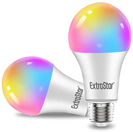 EXTRASTAR Bombilla Alexa LED Intelligente E27, 15W, 1400lm, Regulable Multicolor + Luz Cálida o Blanca, 16 Millones de Colores, Funciona con Alexa y Google Home, Pack de 2 Unidades