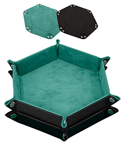 SIQUK 2 Stück Würfelbretter Doppelseitig Würfelbrett, Samt Faltbar Würfeltablett Hexagon Würfelteller Leder Würfelbretter für RPG DND Dragons Würfel Gaming (Cyan, Schwarz)
