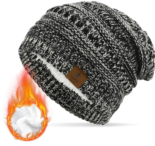 Durio Mütze Damen Winter Strickmütze Grobstrick Warme Beanie mit Innenfutter Schwarz mit Grau