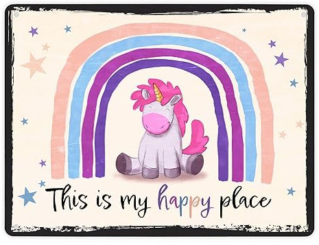 This is my happy place Metallschild XL in 21x28 cm mit niedlichem Einhorn Türschild Baby Kinder Lieblingsplatz Dekoration Unicorn Regenbogen aquarell