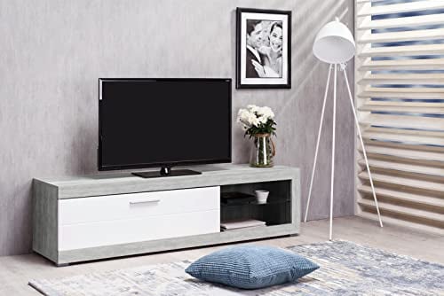 möbelando TV-Lowboard Fernsehtisch Unterschrank Rack HiFi Element TV Schrank Ruma I Beton/Weiß-Hochglanz