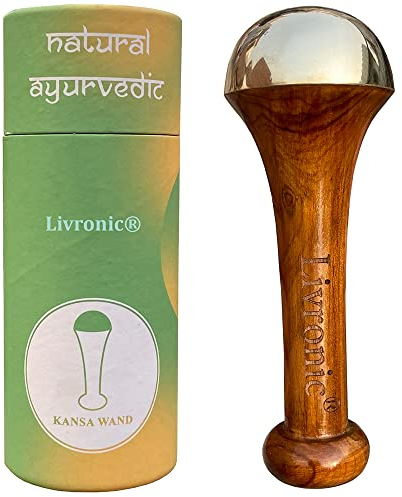 Livronic® Kansa Massagegerät für Fußkörper, mit Holzgriff, ayurvedisches Massagegerät, klein, Bronze, Größe 4,5 cm