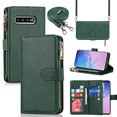 CAVOR Handykette Handyhülle Kompatibel mit Samsung S10 Hülle Mit Band,Flip Leder Geldbörse Handyhülle,[9 Kartenfach],Klapphülle Handyhülle Kompatibel mit Samsung Galaxy S10 - Dunkelgrün