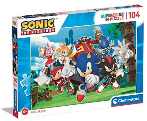 Clementoni - 27159 - Supercolor Puzzle Sonic - 104 Teile - Puzzle 104 Teile Ab 6 Jahren, buntes Kinderpuzzle mit besonderer Leuchtkraft & Farbintensität, Geschicklichkeitsspiel für Kinder