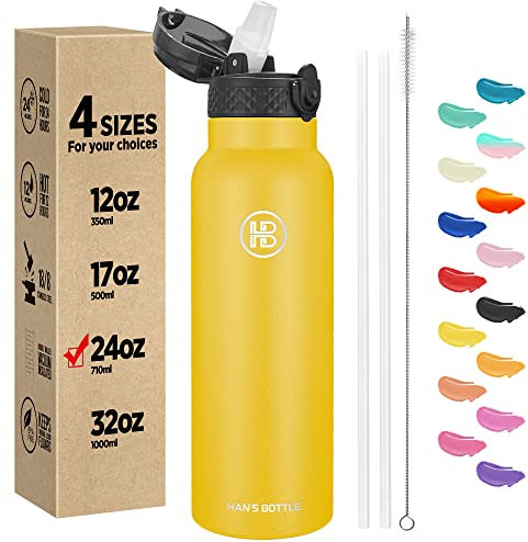 Han's Bottle Sports Water Bottle - 24 Oz, Straw Lid, Leak Proof, Vacuum Insulated Stainless Steel, Double Walled, Thermo Mug,Ginger