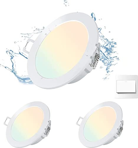 bapro Lot de 3 spots LED encastrables à intensité variable, bapro Spot de plafond réglable 3000K/4000K/6000K, ultra plat IP44 pour salle de bain/salon/chambre à coucher/cuisine