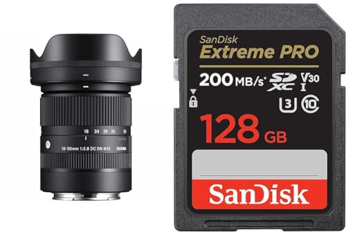 Objetivo Sigma 18-50mm F2.8 DC DN Contemporary Montura Sony E, Nergo & SanDisk Tarjeta SDXC Extreme Pro de 128 GB + RescuePRO Deluxe, hasta 200 MB/s, UHS-I, Clase 10, U3, V30