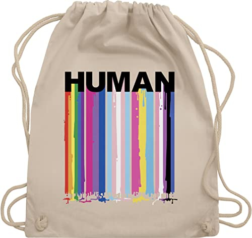 Shirtracer Turnbeutel Rucksack - LGBTQ Kleidung Pride Flag - HUMAN Blockschrift Regenbogen Farben Tropfen - Unisize - Naturweiß - lgbtq-tasche lgbt queer stoffrucksack lgbtq+ beutel csd rainbow