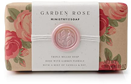 Ministry of Soap Garden Rose Scented Soap Bar, British Bouquet Inspired with Botanical Rose Design, Naturally Coloured and Triple-Milled 200g