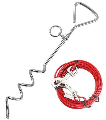 10ft Tie Out Cable with Spiral Ground Stake | Anchor Point with Spring Loaded Clip | Heavy Duty Stake Sturdy and Secure - Outdoor Yard Camping Dog Leash Puppy Pet