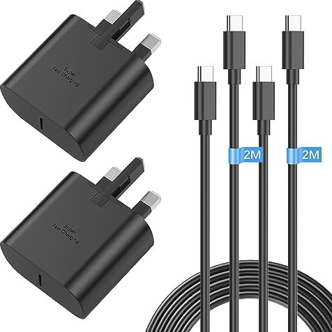 Samsung 25W Fast Charger With 2M USB-C Cable 2-Pack for Galaxy S24/S23 Ultra/S23+/S10/S22/S21/S20 FE/A53, Super Fast Charging Type-C Plug for Samsung Phones