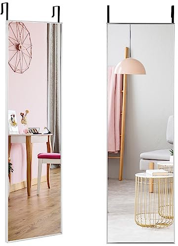 RELAX4LIFE Over the Door Mirror, 120 x 37cm Full Length HD Glass Mirror with Hooks, Wall Mounted Hanging Mirror for Bathroom Bedroom Wardrobe(Silver)