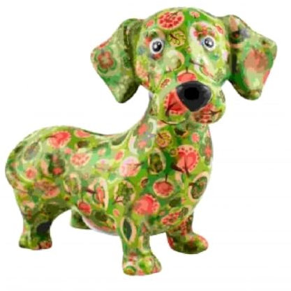 Pomme Pidou Spardose aus Keramik für Hunde, Basset Dennis – Grün mit Blumenmotiv