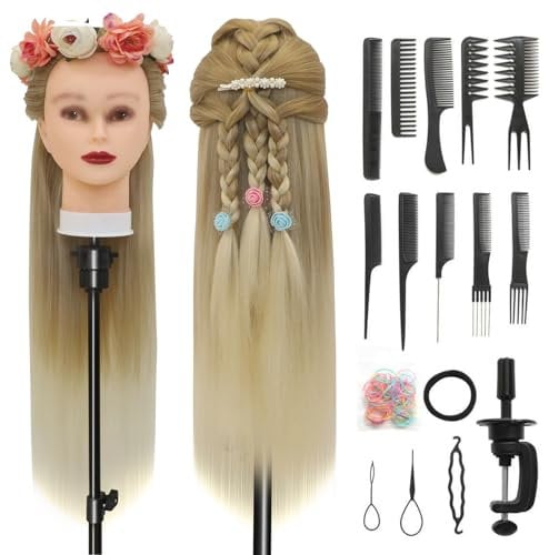 Styling Head 28 inch Hairdresser Training Head 100% Synthetic Fiber Hair Styling Head, Training Head Hairdressing Head with Free Clamp and DIY Braiding Set (27-613)
