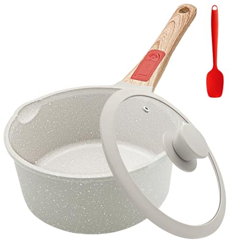 AIKENBBKK cazo de 20 cm con tapa, Aluminio Fundido con Antiadherente 2,5L con mango extraíble, Apta para todo tipo de placas, apta para lavavajillas y horno Olla para leche con vertedor((Blanca)