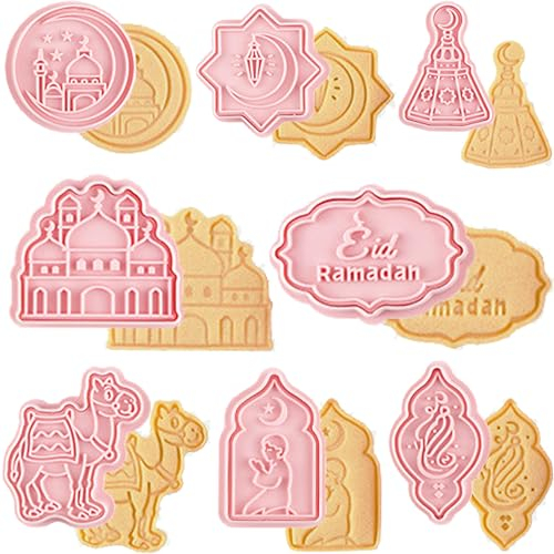 Eid Mubarak Cookie Cutters, 8 PCS Ramadan Cookie Cutter, Ramadan Cookie Stamps, Eid Baking Tool, Ramadan Biscuit Cutters Set (Eid)