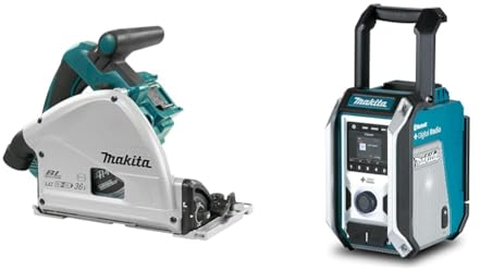 Makita DSP600ZJ Akku-Tauchsäge 56mm 2x18 V (ohne Akku, ohne Ladegerät) im MAKPAC & DMR115 Akku-Baustellenradio (ohne Akku, ohne Ladegerät), Türkis, Schwarz, Silber