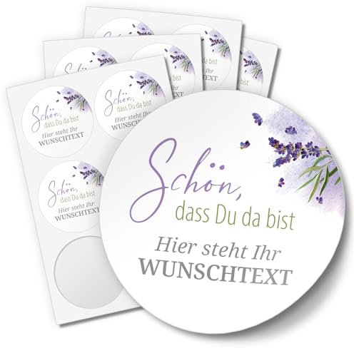 Einladungskarten Manufaktur Hamburg 24 PERSONALISIERTE Aufkleber Schön dass Du da bist individualisiert anpassbar mit Ihrem Wunschtext Etiketten rund 4cm, Lavendel