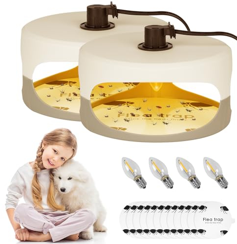 Flintronic 2 Pezzi Trappole Antipulci per la Casa, Trappole Luminose per Pulci, Lampade Antipulci per la Casa, Cattura Pulci, con Lampadine*4, Dischi di Colla*12