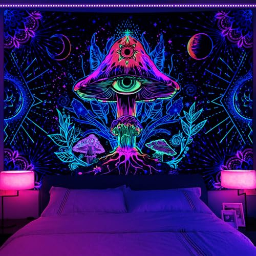 Alishomtll Fluoreszierender Pilz Wandteppich, Schwarzes Licht Pilz Mandala Sonne und Mond Wandbehang, Natürliche Botanische Ästhetik Dekorative Bunte Wandtuch, Schlafzimmer Schlafsaal 210x150cm