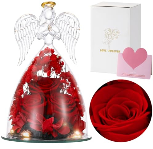 Emibele Rosa Real Preservada en Figura de Angel de Cristal, Rosa Eterna en Ángel de Cristal de la Oración con Luces LED, Regalo Romántico de Rosas para Mujer en Cumpleaños San Valentín, Rojo