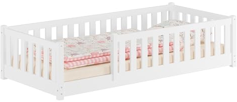Erst-Holz®Flachbett, Holzbett mit Rundumschutzgitter 90x200 Kiefer waschweiß lackiert V-60.77W-09ohne Zubehör