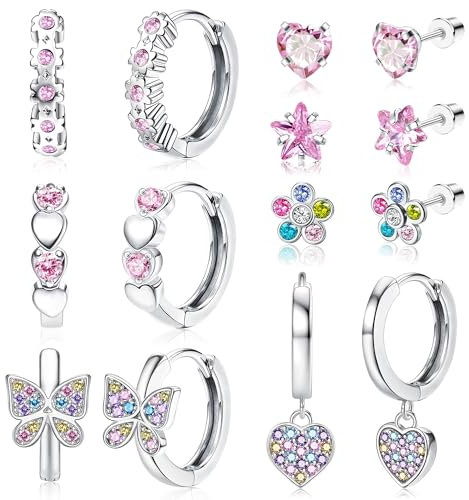 FIOROYAL 7 Paar Hypoallergene Silber Creolen Ohrringe für Mädchen Damen,Kleine Stern Butterfly Medizinische Ohrringe Set,Süße Herz Hängeohrringe,Rosa CZ Blumen Ohrstecker Chirurgenstahl für Kinder