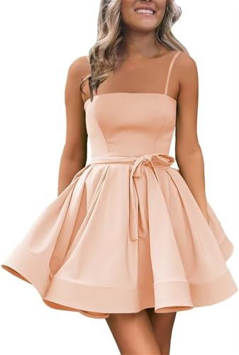 YIANN Robe de soirée en satin pour adolescents - Robe de soirée courte avec bretelles spaghetti, rose gold, 40