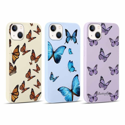 RUMDEY 3 Pack Aesthetic Butterfly Girls Woman Phone Case for Apple iPhone 13 Mini 5.4 inches, Matte Soft Slim Shockproof TPU Bumper Cover for iPhone 13 Mini with Design, Blue&Purple&Beige