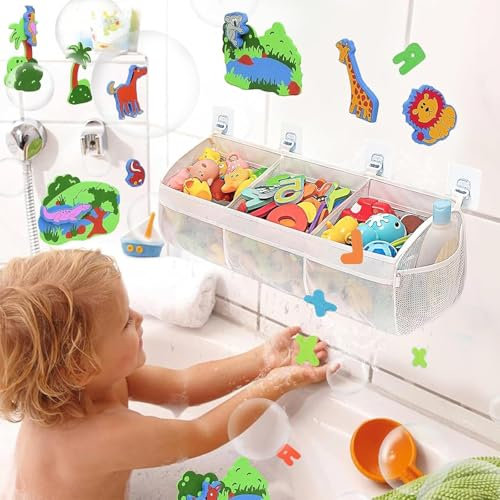 Yuiturt Bath Toy Storage - 3 Compartment Large Opening Net with 2 Side Pockets and 4 Strong Self Adhesive Hooks,Bath Toy Net for Kids, Baby (White)