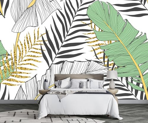 MIWEI Wallpaper Papier Peint Panoramique Noir Blanc Feuilles Vert Papier Peint 3D Intissé Tapisserie Poster Chambre Salon Decoration Murale