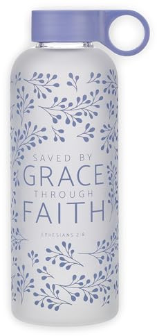 Christian Art Gifts BPA-Free Reusable Inspirational Frosted Glass Water Bottle for Women & Girls: Saved by Grace Encouraging Bible Verse, Carry Handle Loop, Twist Cap Lid, Lilac Purple Floral, 17 oz.