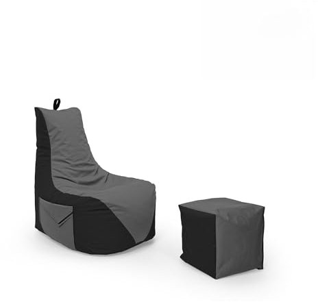 Nadimaideal Gamer Sitzsack Komfort XL - XXL für Kinder, Teenager & Erwachsene | Indoor & Outdoor | Sitzsack Gaming | Füllung EPS Perlen (Schwarz - Anthrazit, Sitzsack XL mit Hocker)