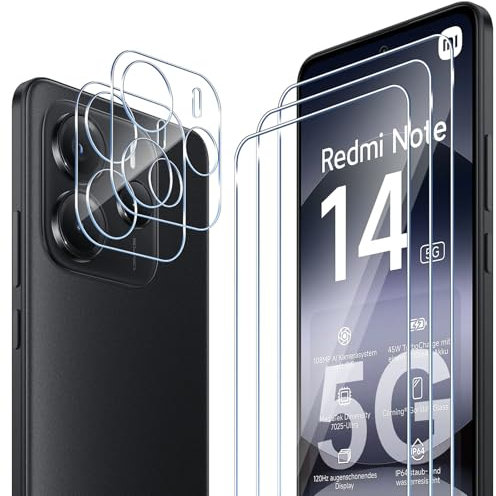 ELYCO Cristal Templado para Xiaomi Redmi Note 14 5G, 3 Piezas Protector de Pantalla + 2 Piezas Protector de Lente Cámara, 9H Dureza Anti-Rasguños Protector Pantalla, Sin Burbujas HD Vidrio Templado