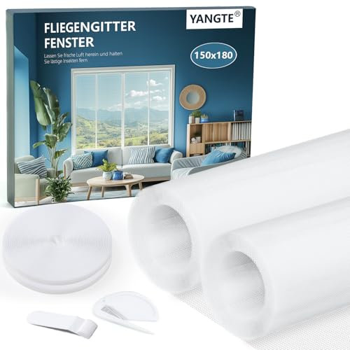 YANGTE Fliegengitter für Fenster-2 Stück 150 x 180 cm Weiß Insektenschutz Fenster mit Gesteigerte höherer Klebkraft Klettband, Fliegengitter Fenster ohne Bohren, Fliegennetz & Mückennetz für Fenster