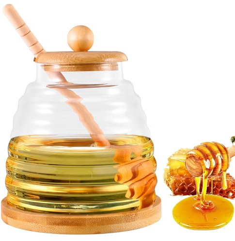 ALLOMN Pot à miel avec cuillère et couvercle, 480 ml en verre transparent pour la cuisine à la maison