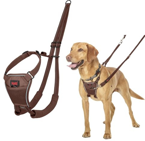 HALTI No Pull Anti-Zug Geschirr - Verhindert, dass Ihr Hund an der Leine zieht, Gepolsterter Brust- und Beingurt, Reflektierendes Gurtmaterial, Einfache Anpassung und Benutzung (Größe M, Walnussbraun)
