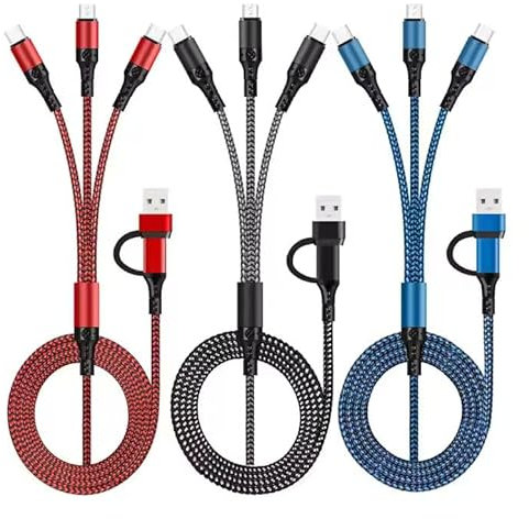 VastCart Set-Of-2, 6-in-1 Multi Charging Cable | Universal Fast Charger Cord | 1.2M Nylon Braided USB A/C to Phone, USB-C, Micro-USB & iP Connectors | High-Speed Data Sync | Durable & Tangle-Free