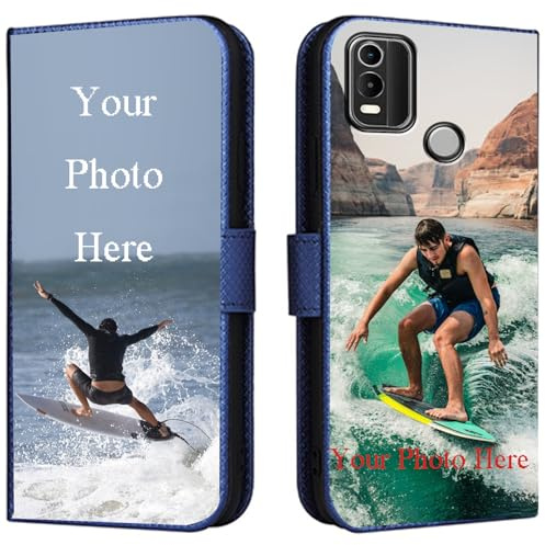 FortiCase Personalisierte Hülle für Nokia G11 Plus,Flip Leder Hülle Kartenfach Standfunktion Case,mit Eigenem Foto Bild Text Personalisiert Handyhülle - Blue-LN4