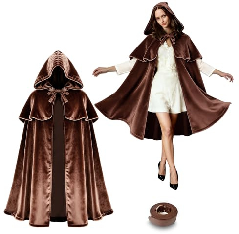 Sunlisky Sunliky Mittelalter Umhang Kapuzenmantel LARP Renaissance Kostüm - Langer & Kurzer Hooded Cape mit Versteckten Reißverschluss Ärmeln, Verstellbarem Gürtel, Samtigem Glanz